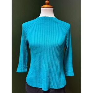 Vintage Clio Teal Ribbed Knit Top Mock Neck 3/4 Sleeve‎ Top Women's Size S